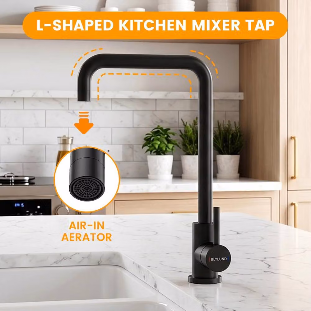 Blylund Stainless Steel L-Shaped Kitchen Mixer Tap with Single Lever and Swivel Spout in Matt Black – 5