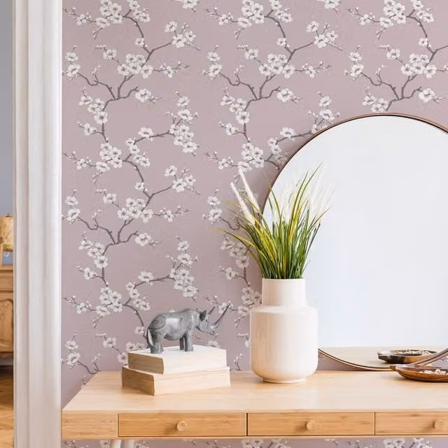 Fresco Apple Blossom Floral Botanical Wallpaper in Grey and Pink, Width: 52 cm
