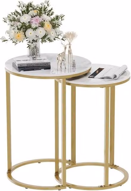 ERGOVEXA Nested Round Coffee Tables with Natural Stone Tops and Gold Metal Frame
