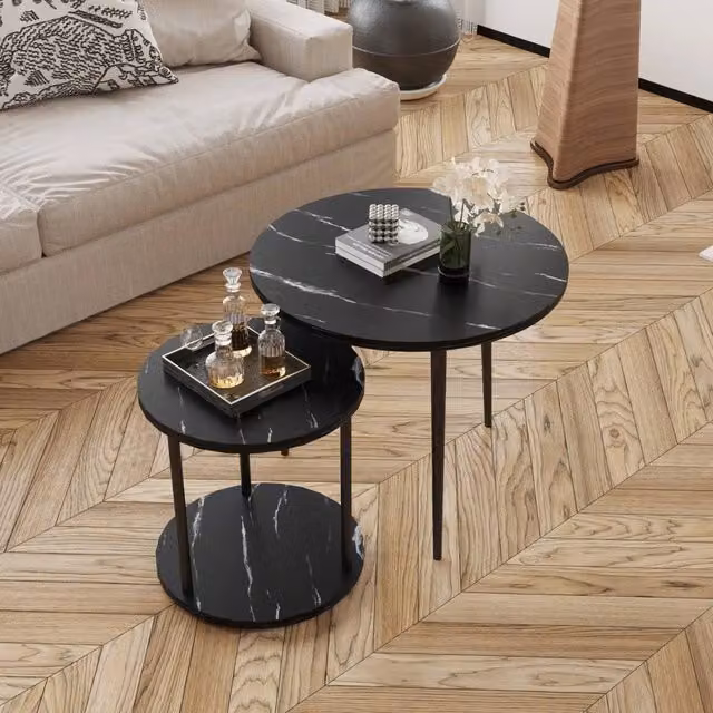 VOGREX Black Set of 2 Round Nesting Coffee Tables with Storage Shelf