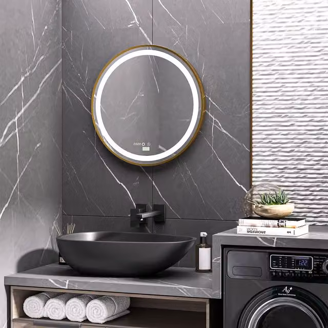 kleankin Round Dimmable LED Wall-Mounted Bathroom Mirror with 3 Light Colours in Gold