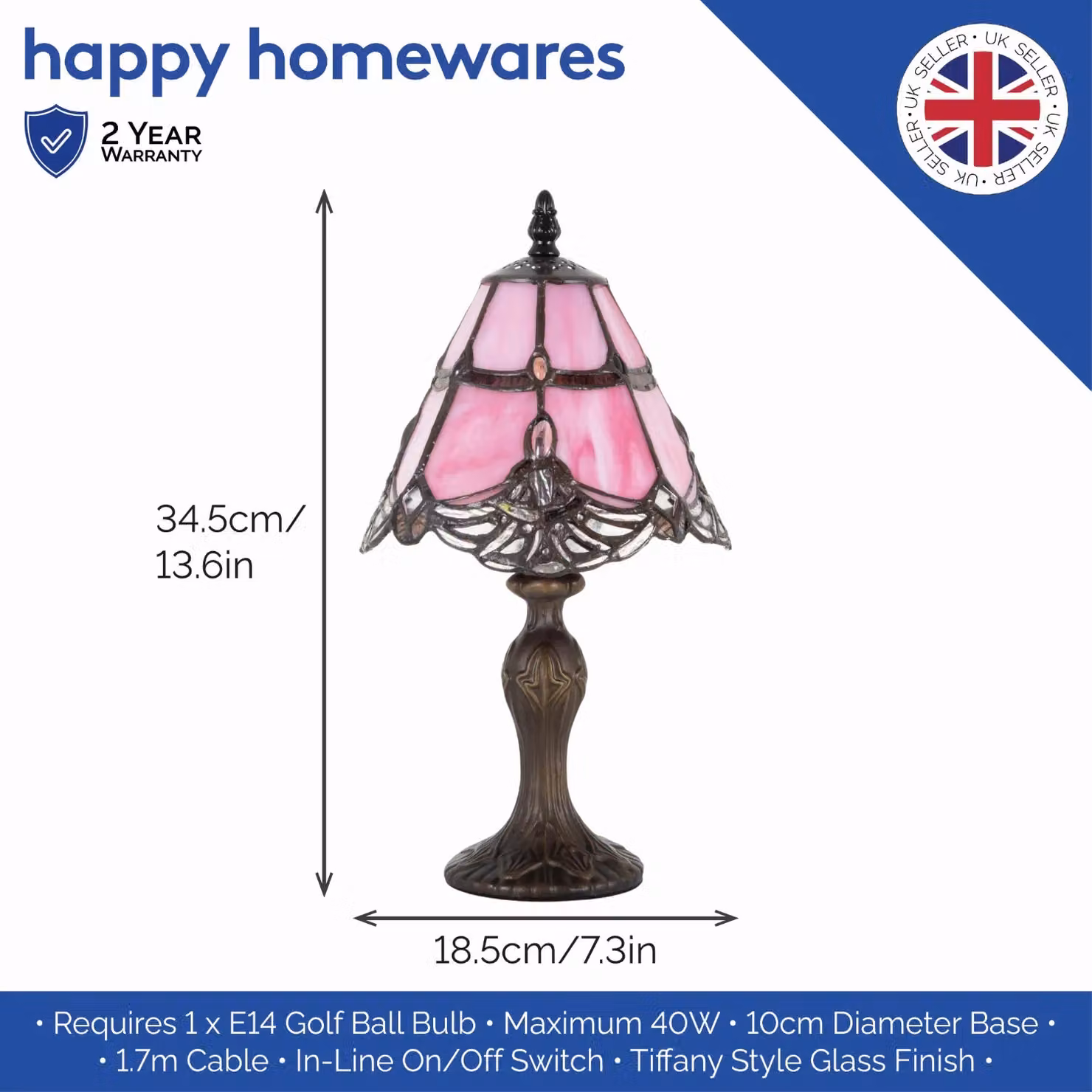 Happy Homewares Pink Stained Glass Tiffany Table Lamp with Bronze Metal Base – 2