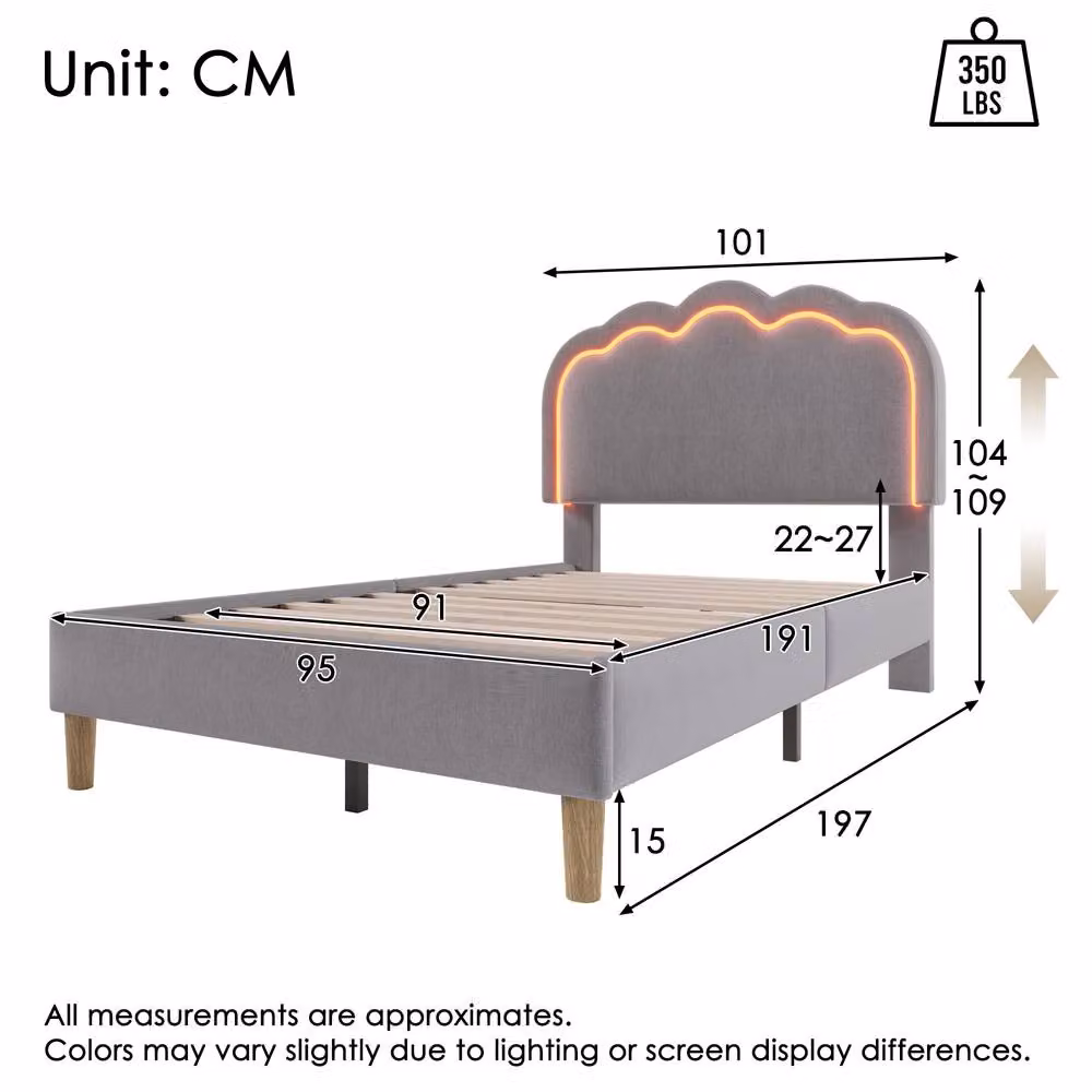 Matteo Grey Linen Upholstered Single Bed Frame with LED Under-Bed Lighting W/D/H: 90 x 190 cm – 2