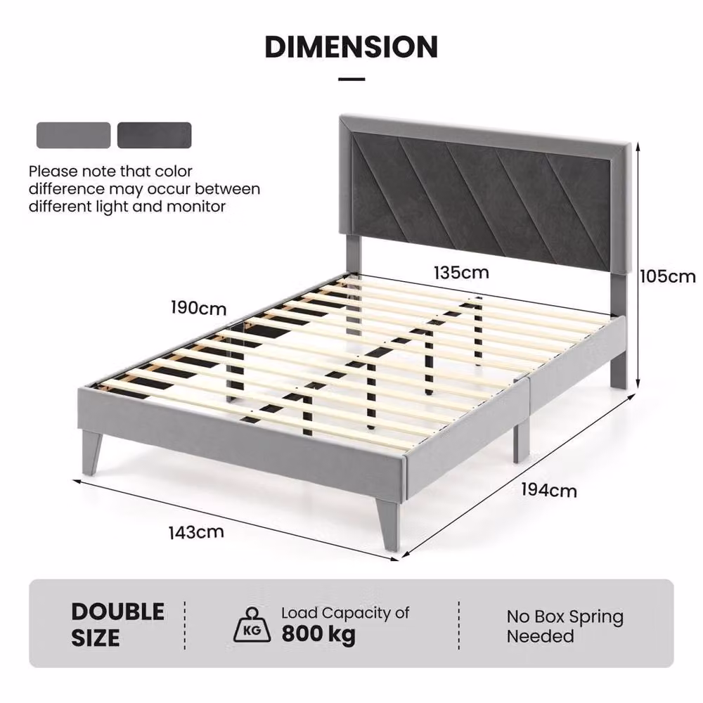 Kelvenix Double Velvet Upholstered Platform Bed Frame in Grey, W: 140 cm, D: 200 cm – 2