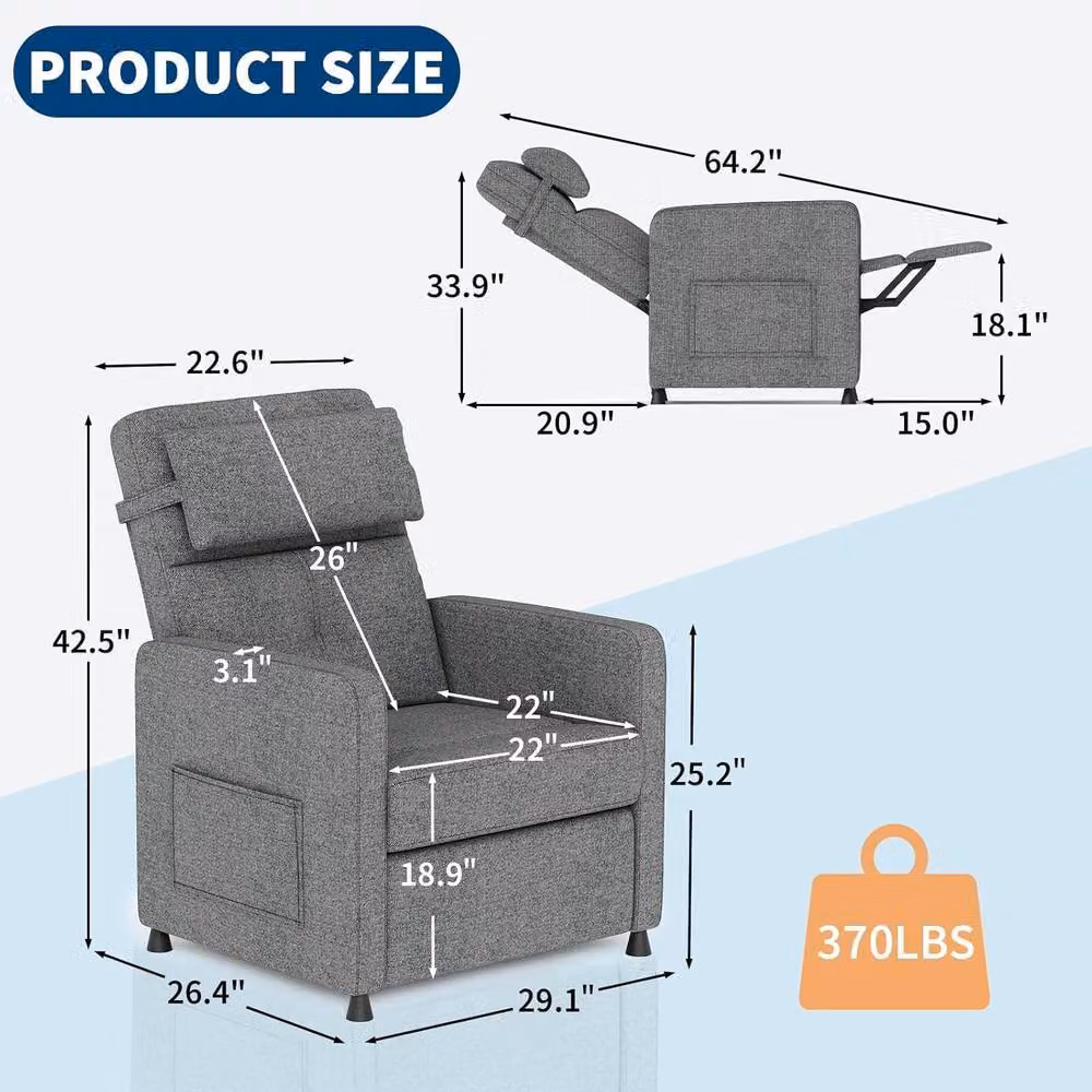 London Boutique Grey Fabric Recliner Sofa with 4-Point Massage, Heat, and USB Port – 2