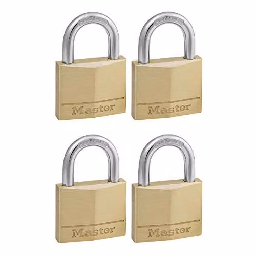 Master Lock Pack of 4 Gold Brass Key Padlocks, W/D/H: 6 x 4 x 1.3 cm – 1