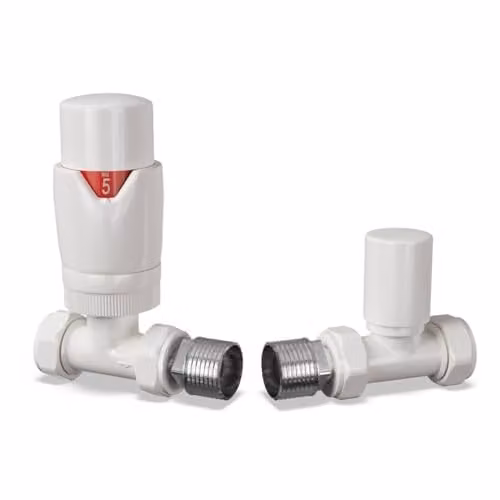 UK Radiators Stirling Bold White Modern Thermostatic Radiator Valve and Lockshield Set with 1/2 BSP 10mm Straight Connection