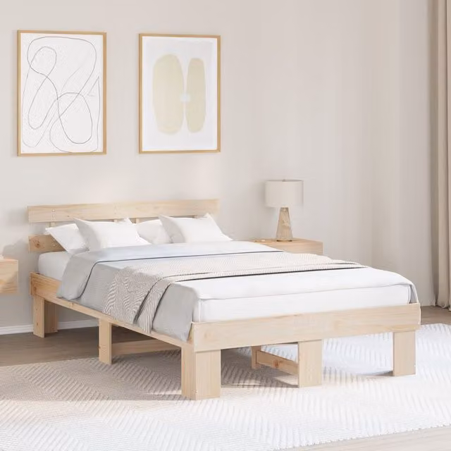 Berkfield Home Solid Wood Pine Bed Frame with Headboard, Beige, W: 135 cm, H: 73 cm, L: 190 cm