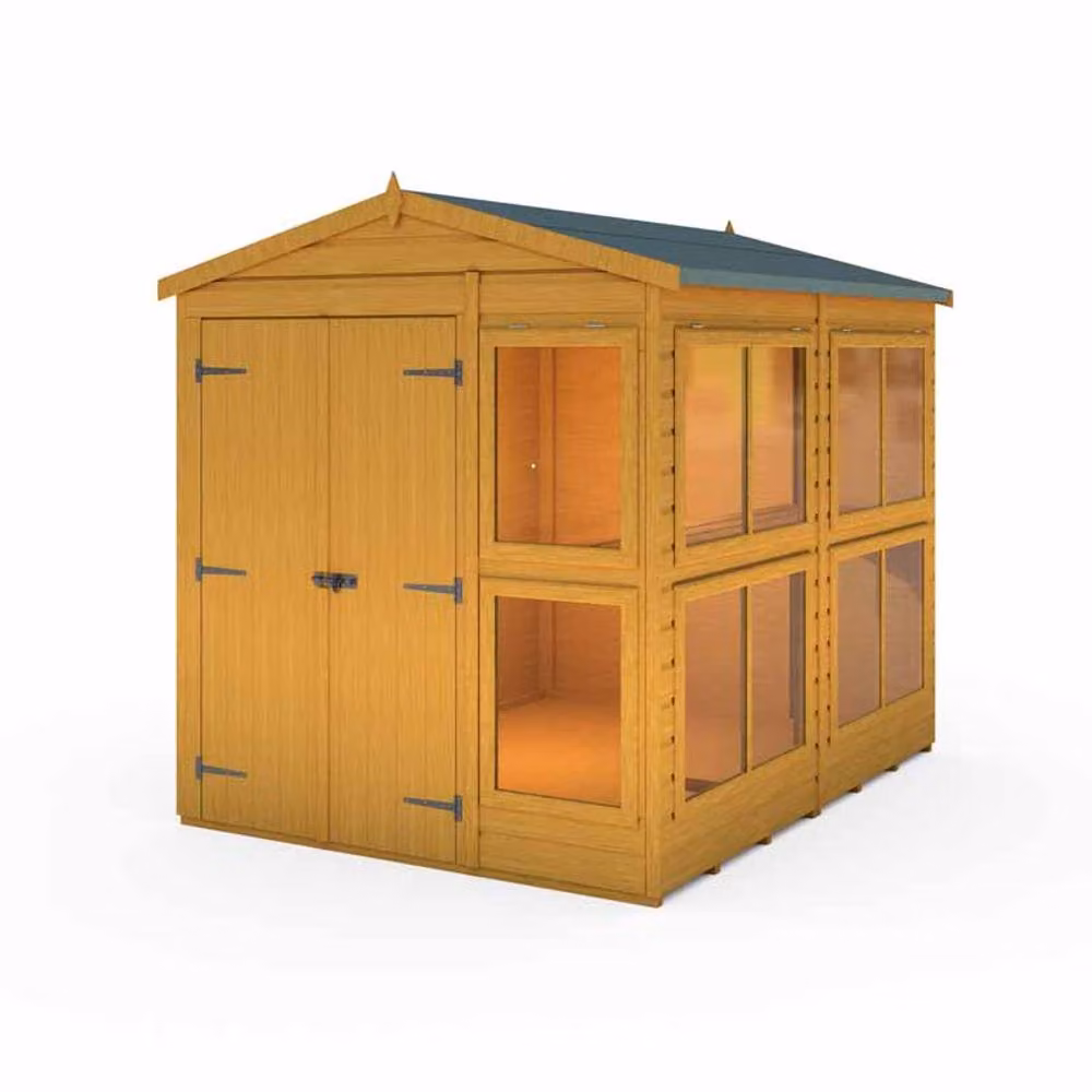 Shires Sun Hut Brown Wooden Potting Shed with Window and Shelving, W: 185.8 cm, D: 238 cm, H: 214.6 cm