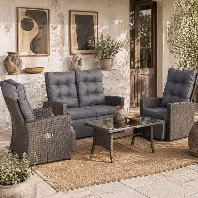 Wyld Haus Grey 4 Seater Rattan Outdoor Sofa Set with Reclining Chairs and Glass Table – 1