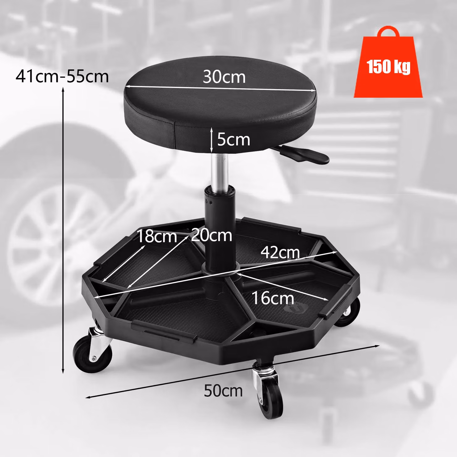 Gymax Black Pneumatic Rolling Garage Stool with Padded Seat and Tool Tray, 150 kg Capacity – 4