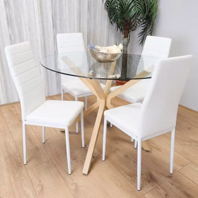 Kosy Koala Round Glass Dining Table Set with 4 White Faux Leather Chairs