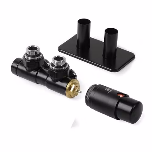 Terma Vario Twins Angled Accessory Valve Set with Thermostat Head and Pipe Masking, 50mm, Matt Black RAL 9005