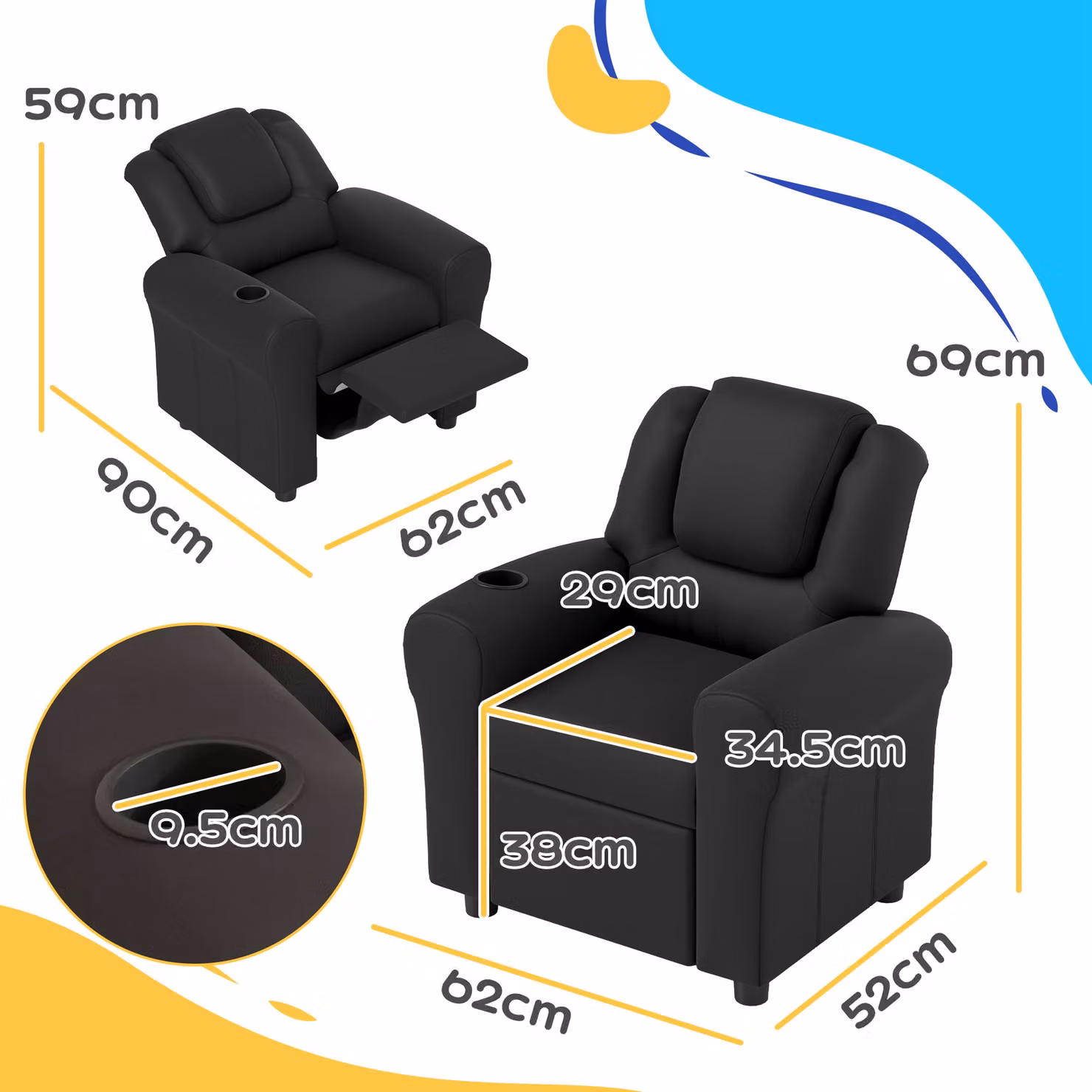 HOMCOM Kids Recliner Armchair in Black PU Leather with Adjustable Backrest and Footrest – 3
