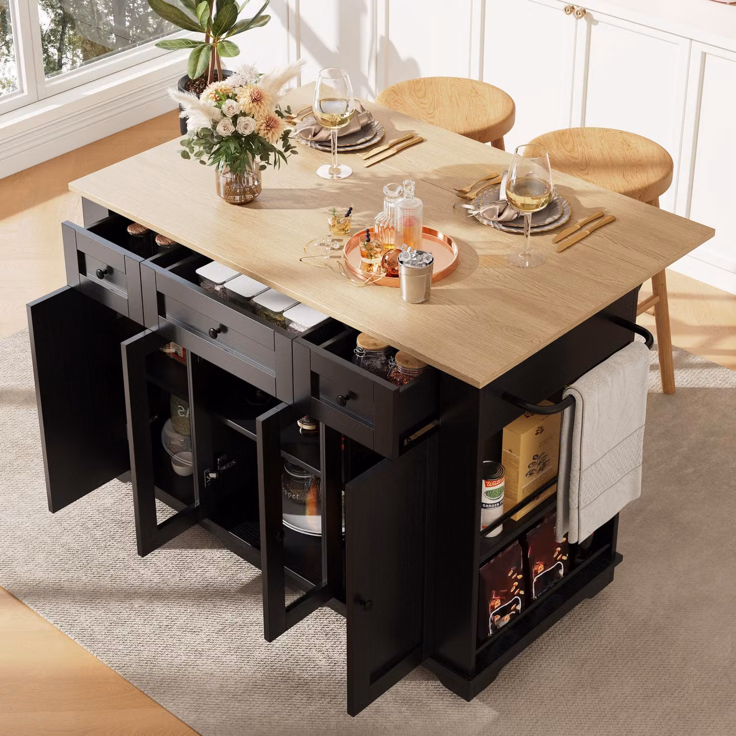 Aosom UK Modern Black Kitchen Island with Foldable Worktop and Dining Extension, W: 151.5 cm, D: 60 cm, H: 91.5 cm – 5
