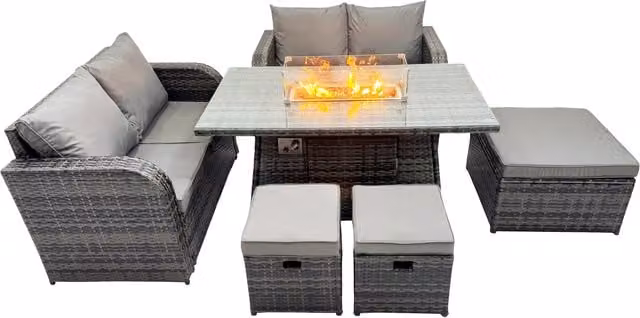 Fimous 7-Seater Rattan Garden Furniture Dining Set with 3 Stools in Dark Grey