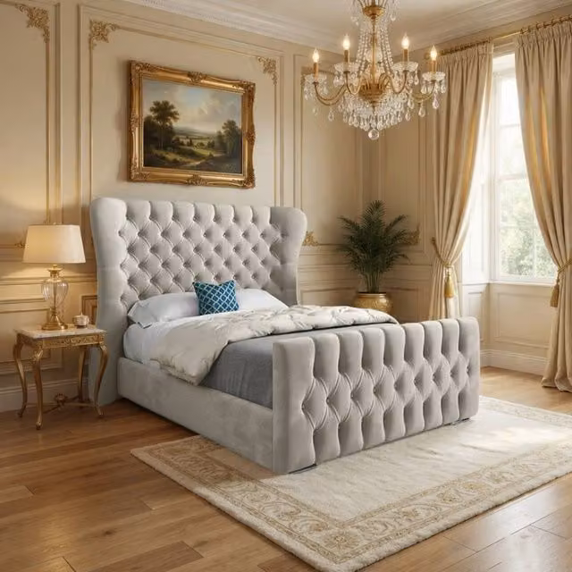 Casani Reydon Small Double Upholstered Velvet Winged Bed Frame in Beige
