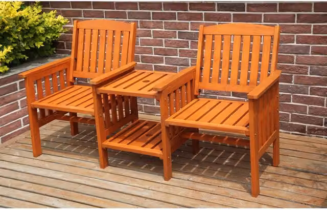 BIRCHTREE Modern Two Seater Wooden Bench and Table Set in Natural Pine