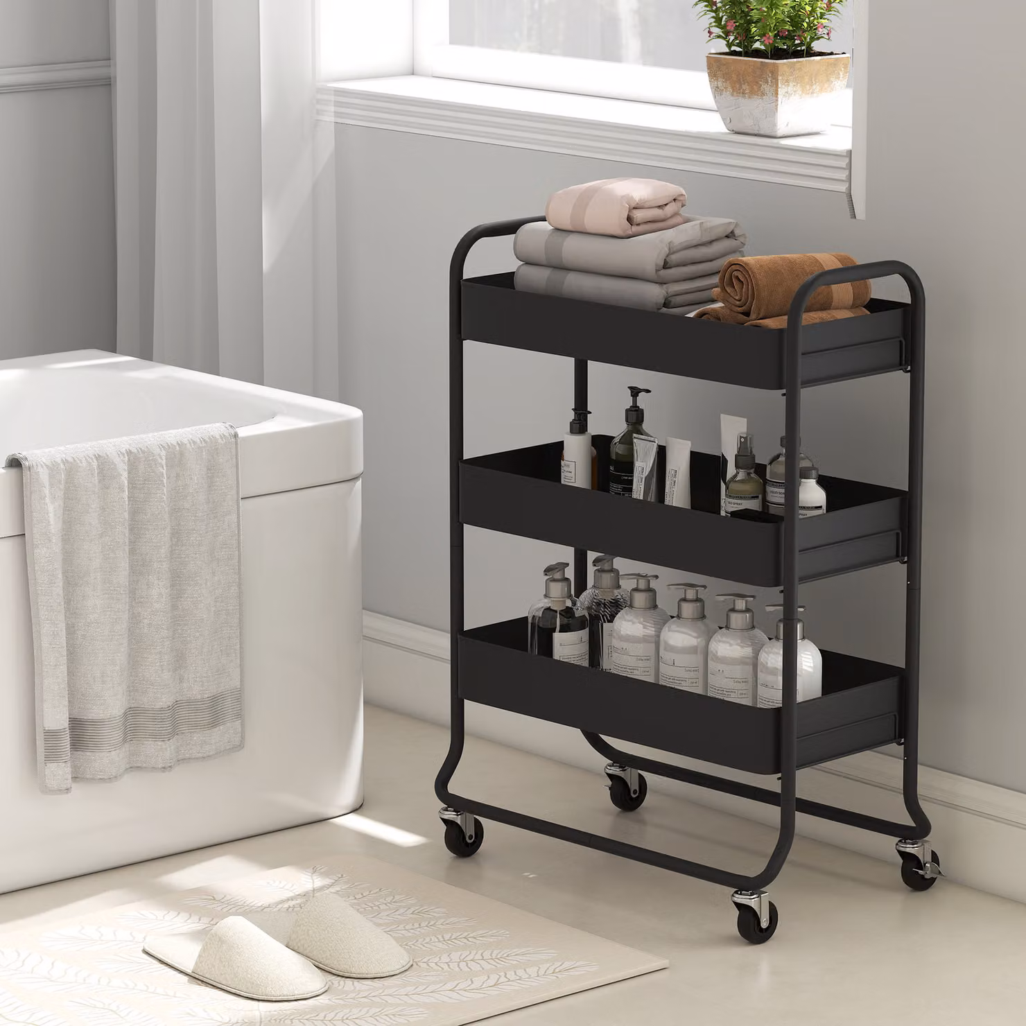 HOMCOM 3-Tier Rolling Utility Storage Trolley with Mesh Baskets in Black – 7