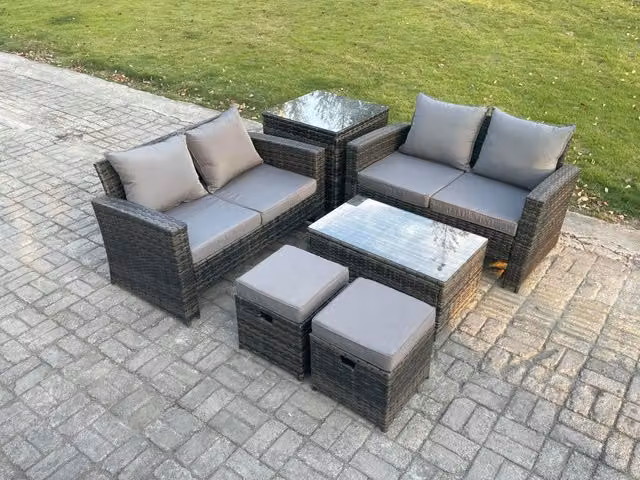 Fimous 6 Seater Wicker Rattan Garden Furniture Set in Dark Grey with Rectangular Coffee Table, Double Seat Sofa, 2 Small Footstools and Side Table