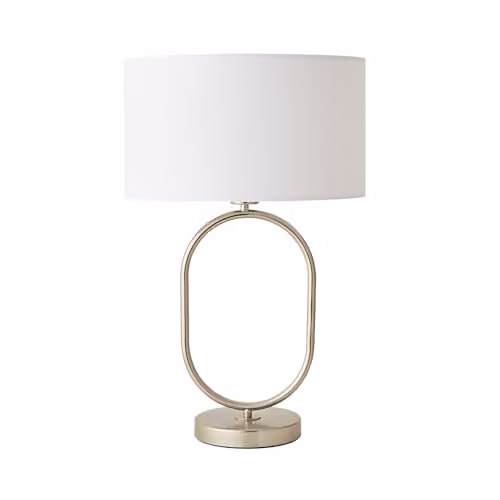 ValueLights Antonia White Fabric Drum Oval Table Lamp with Brushed Chrome Base and LED Bulb – 1