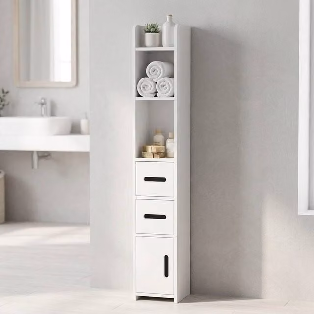 STILVORA Modern White Freestanding Bathroom Storage Cabinet with Internal Shelves and Hinged Doors – 1