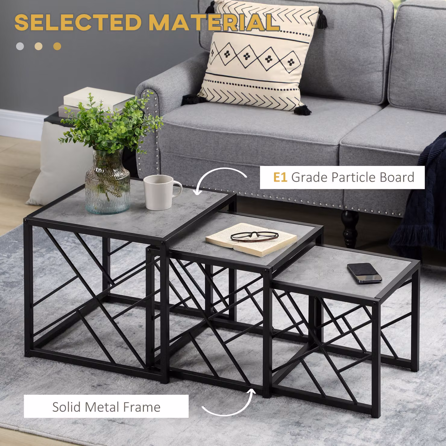 HOMCOM Set of 3 Square Nest of Tables with Black Metal Frame and Grey Composite Tops – 4