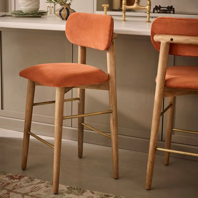 Atkin and Thyme Layla Bar Stool in Orange Rust Velvet with Mango Wood and Metal Frame