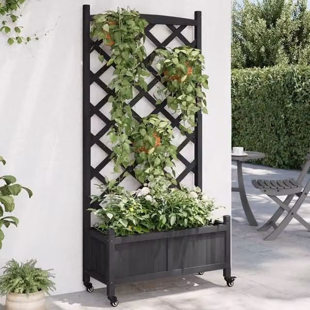 Berkfield Home Black Solid Wood Planter with Trellis and Wheels – 1