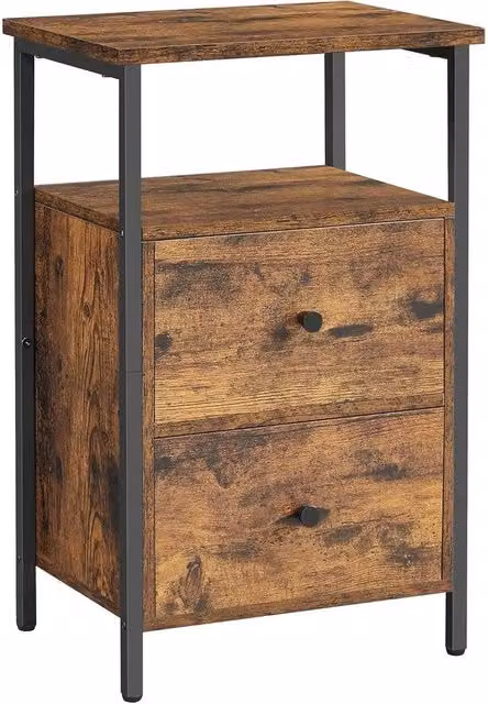VOGREX Industrial Nightstand with 2 Drawers in Brown and Black