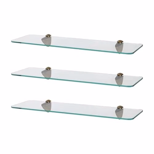 Harbour Housewares 3x Wall-Mounted Rounded Floating Glass Bathroom Shelves, Gold and Transparent, 50 cm