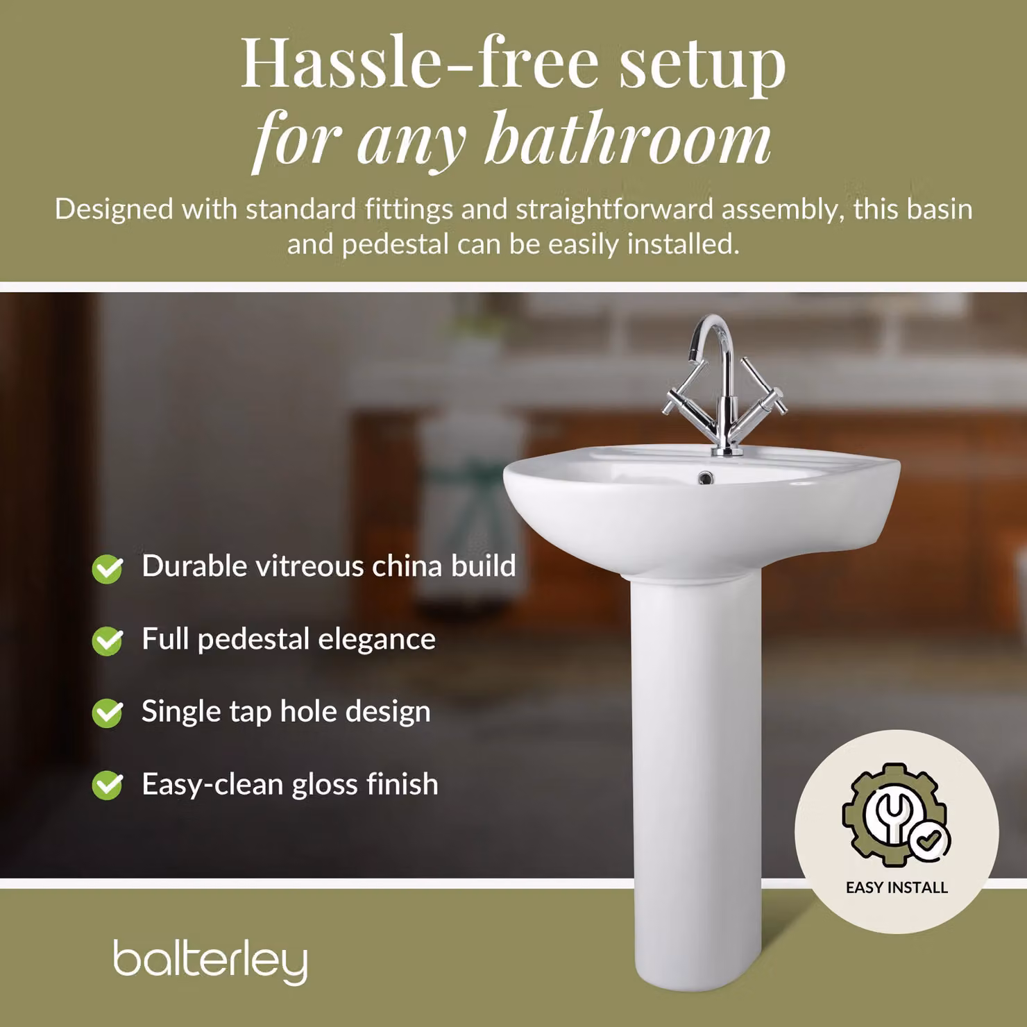 Balterley Adley Round 1 Tap Hole Ceramic Basin with Full Pedestal, White, W: 55 cm, H: 84 cm, D: 47.5 cm – 3