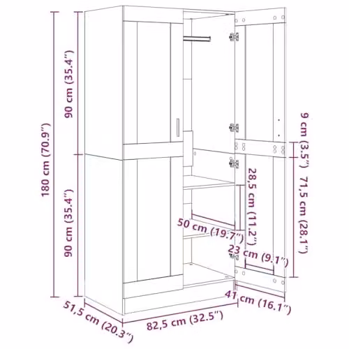 vidaXL Modern Wardrobe in Smoked Oak, Brown Engineered Wood, W: 82.5 cm, D: 51.5 cm, H: 180 cm – 3