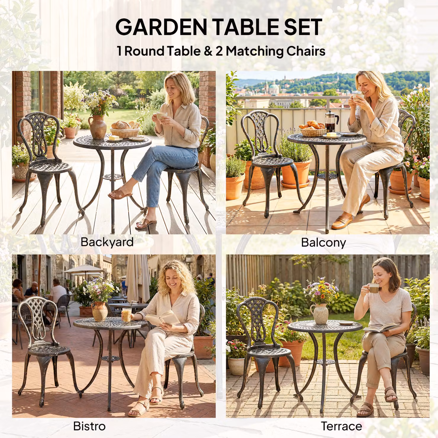 Outsunny Brown Cast Aluminium Outdoor Bistro Set for 2 with Round Table and Umbrella Hole – 5