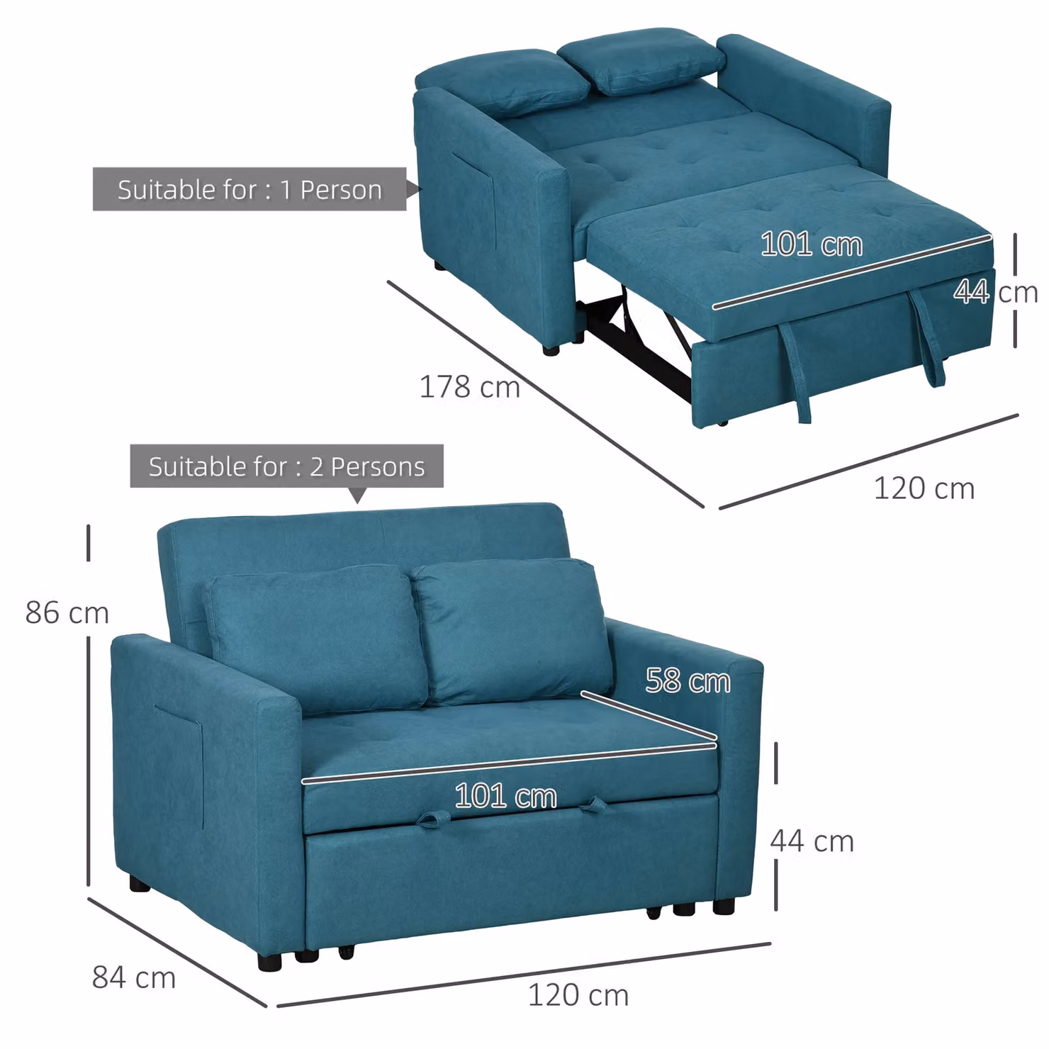 HOMCOM 2 Seater Blue Fabric Click Clack Sofa Bed with Scatter Cushions – 3