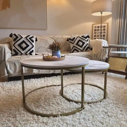 HOMCOM Set of 2 Round Nest of Tables with White Glossy Tops and Gold Metal Frame – 5