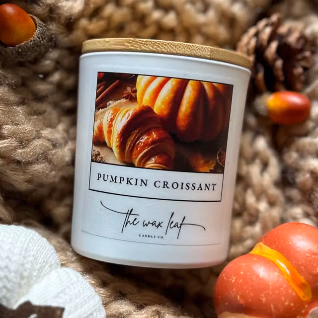 The Wax Leaf Candle Co Pumpkin Croissant Autumn Soy Candle with Wooden Wick in White