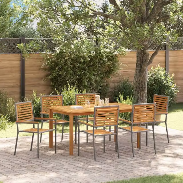 Berkfield Home 7 Piece Grey Poly Rattan and Acacia Wood Garden Dining Set