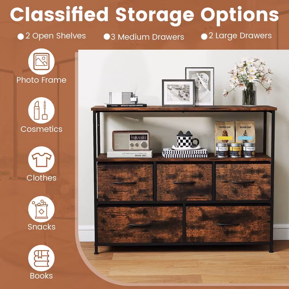 Gymax 5-Drawer Dresser with Open Shelves in Brown Rustic Wood and Metal – 4