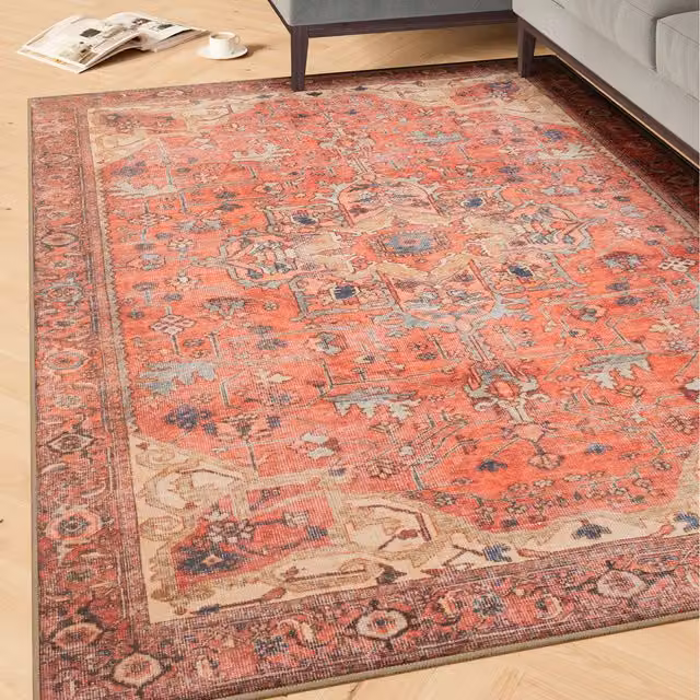 The Rug House Coral Distressed Washable Oriental Vintage Area Rug, Multicolour Beige and Orange, W: 120 cm, L: 170 cm