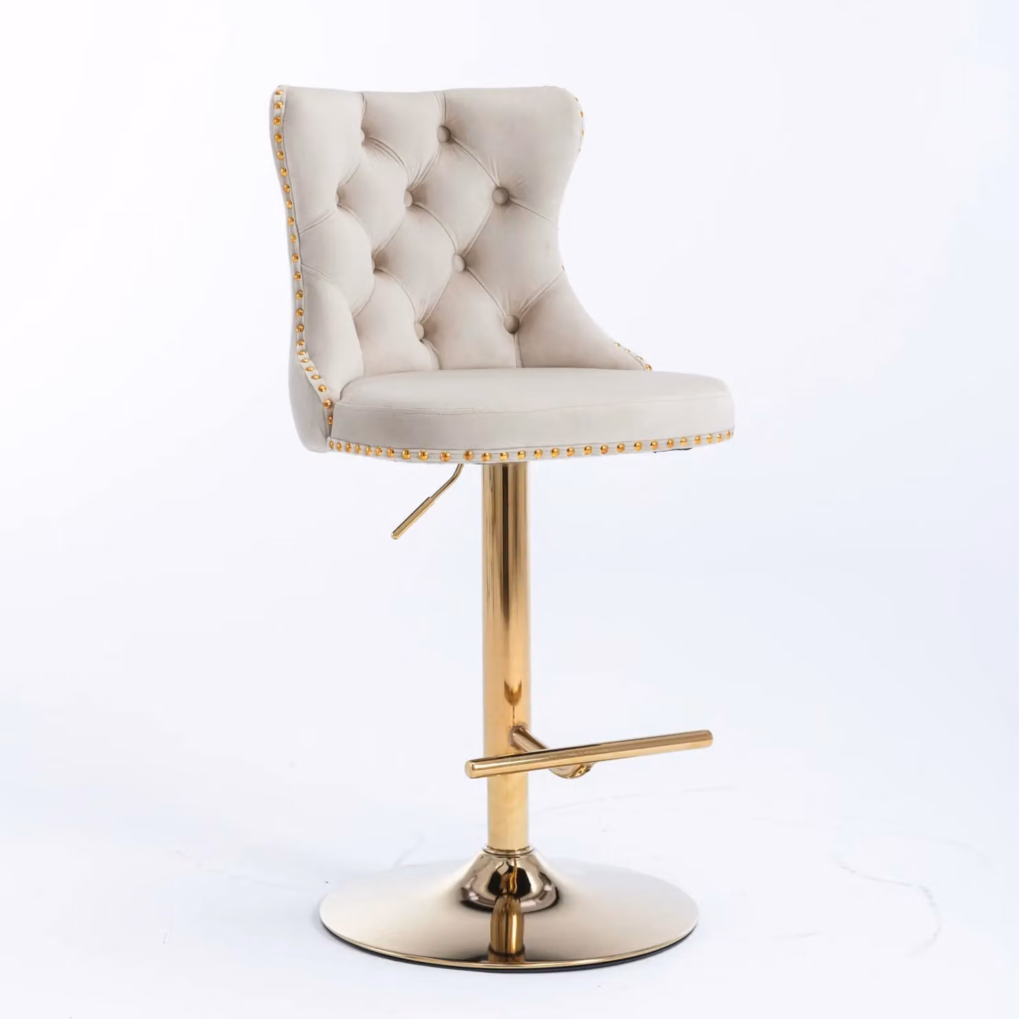 HomeTouch Set of 2 Luxury Velvet Swivel Bar Stools with Gold Metal Base in Beige – 2