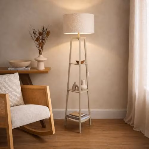 ValueLights Hiru Shelf Tripod Floor Lamp with Large Boucle Shade and Bulb in Beige and Wood, H 155 cm x W 45 cm x D 45 cm – 1