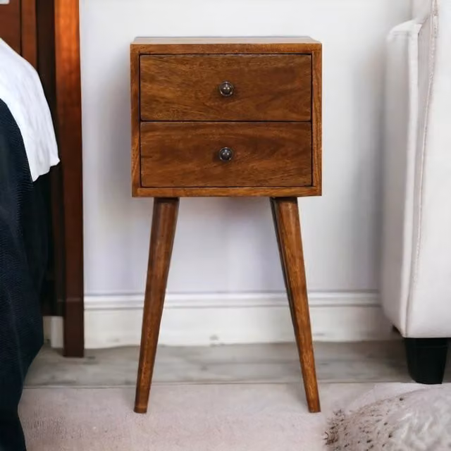 Aosom UK Solid Mango Wood Mini Bedside Cabinet with 2 Drawers and Nordic Slim Legs, Brown, W/D/H: 30 x 30 x 57 cm