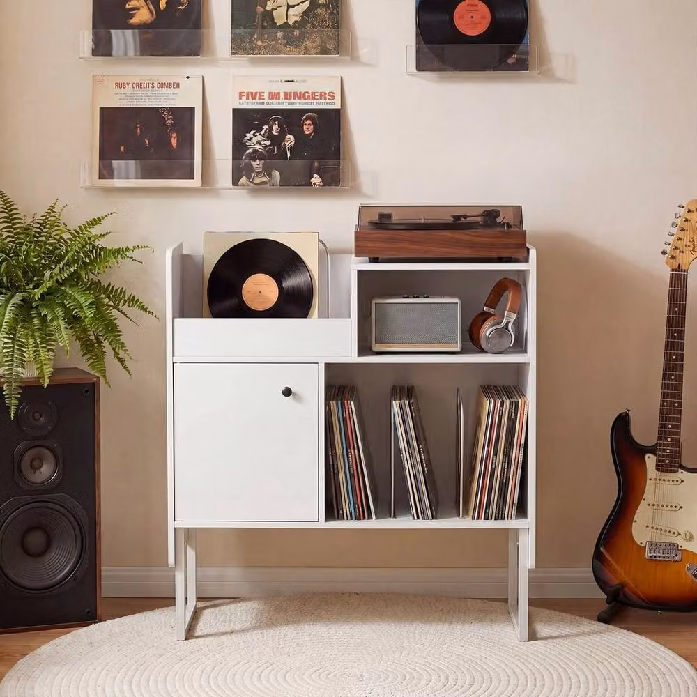 KORVIXA Large Turntable Cabinet Record Player Stand in White, W/D/H: 100 x 100 x 100 cm – 2