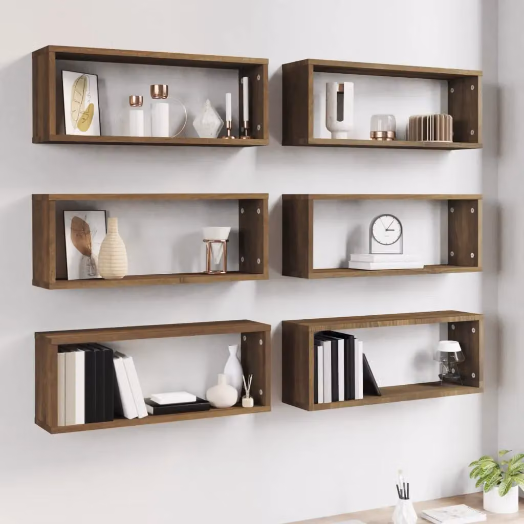 Berkfield Home Wall Mounted Cube Shelves, 6 Piece Set in Brown Oak, W: 60 cm, D: 23 cm, H: 15 cm – 4