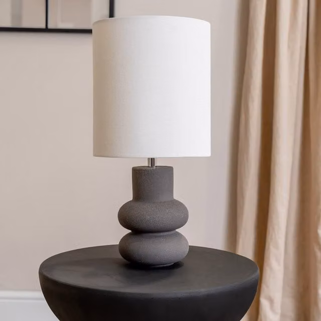 Jude Stacked Abstract Ceramic Table Lamp with Linen Shade in Black and Grey