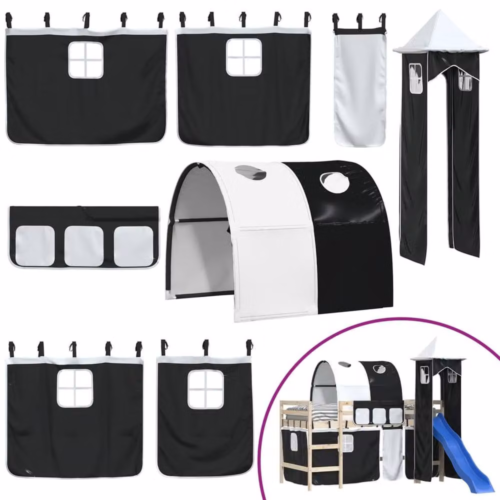 Berkfield Home Durable Opaque Loft Bed Curtains with Tunnel and Tower in White and Black – 3