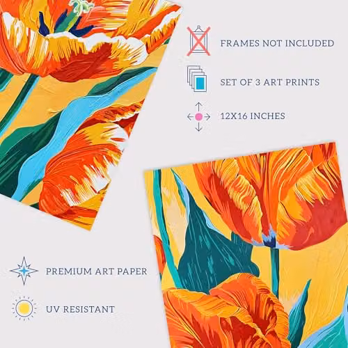 Wee Blue Coo Set of 3 Floral and City Botanical Paper Posters in Blue and Orange, W/H: 30.0 x 41.0 cm – 3