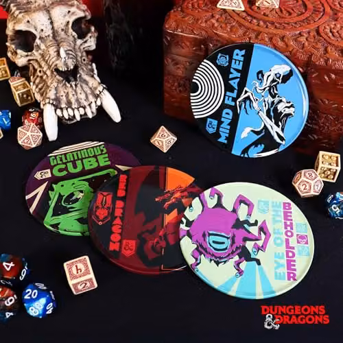 FaNaTtik Dungeons & Dragons Monsters Set of 4 Round Printed Metal and Cork Non-Slip Coasters in Multicolour – 5