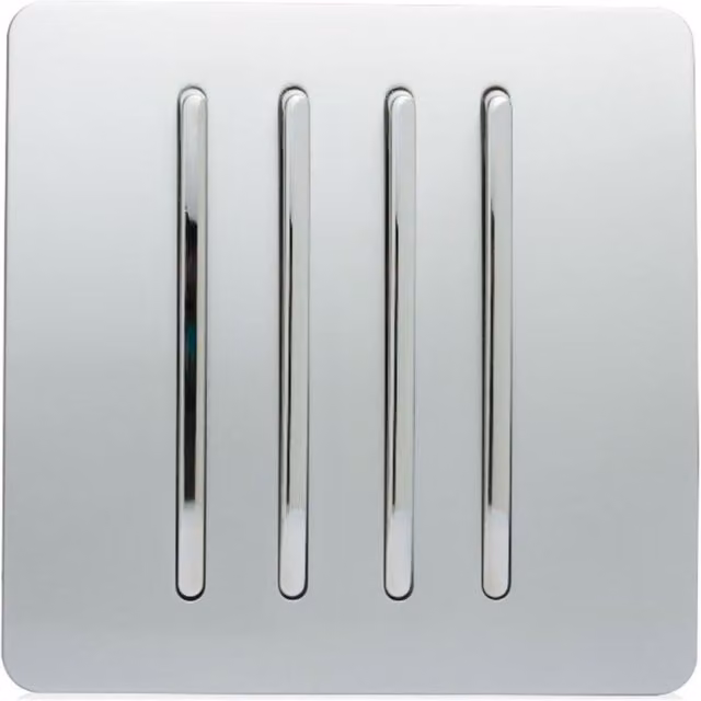 Trendi 4 Gang 2 Way Screwless Raised Front Plate Quad Electrical Wall Light Switch in Platinum Silver Chrome Plastic – 1